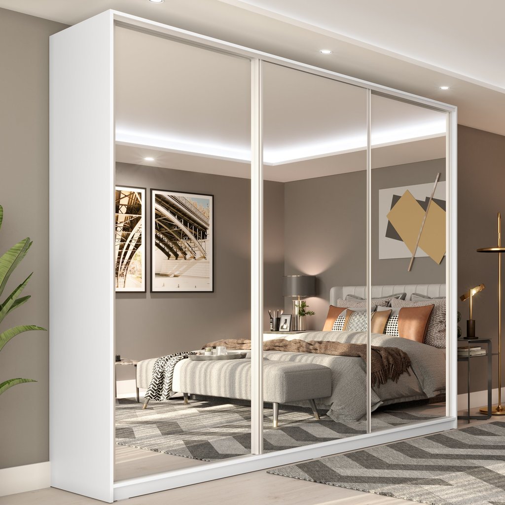 Guarda Roupa Casal com Espelho 3 Portas em BP Belluno  Branco