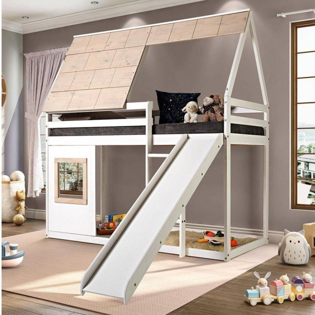 Cama Alta Cabana Noopy com Escorregador Casatema MadeiraOriginals Branco/Cera Bege Sim