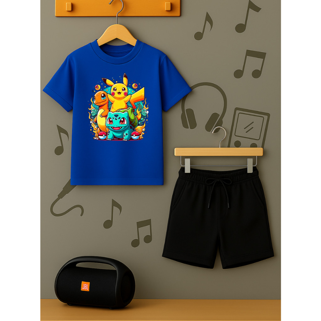 Conjunto Pokémon Infantil Juvenil Camiseta e Bermuda Moletom Algodão Macio Menino Menina
