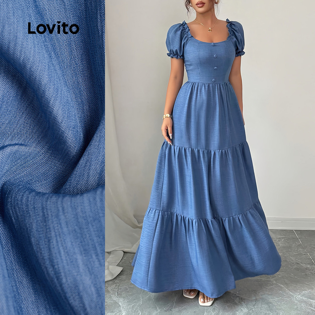 Lovito Vestido Elegante Camadas/Botões Frente Primavera/Verão Azul Vestido Evangélico Mulheres LBL29096 em Oferta na Shopee