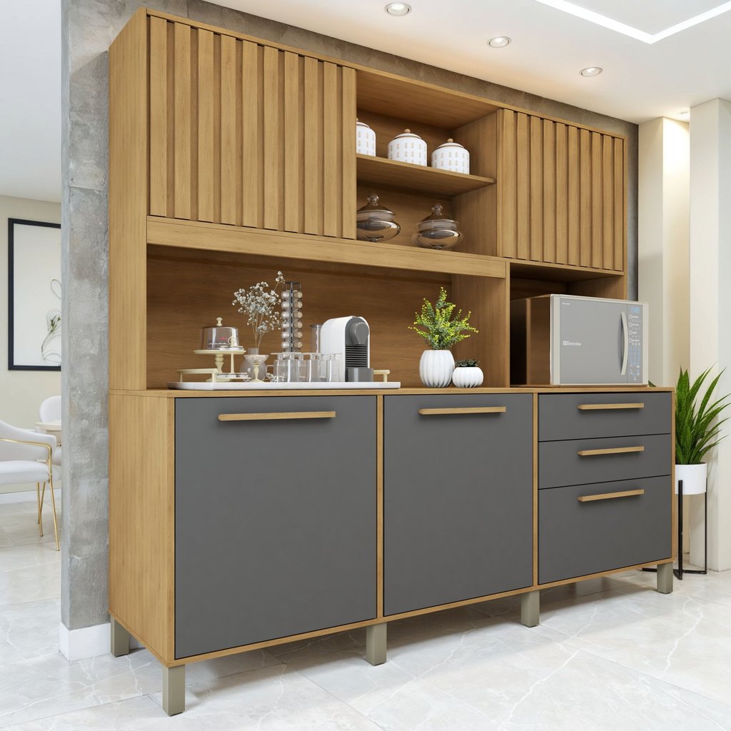 Armário 5 Portas Ripadas 2 Gavetas Diamante Cinamomo/Grafite em Oferta na Shopee