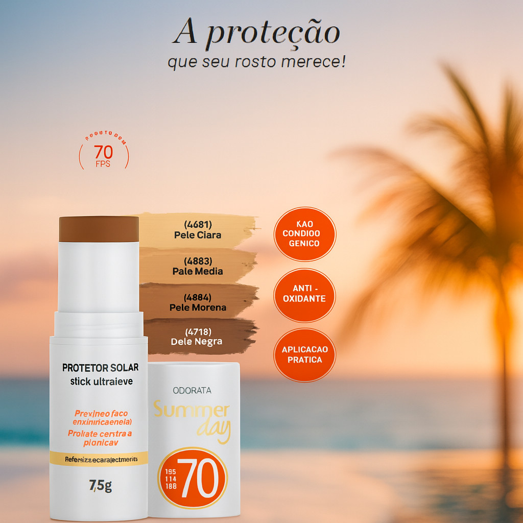 Protetor Solar Stick com Cor FPS 70 Odorata Com Ação Antioxidande Resistente á Água e ao Suor 7,5g
