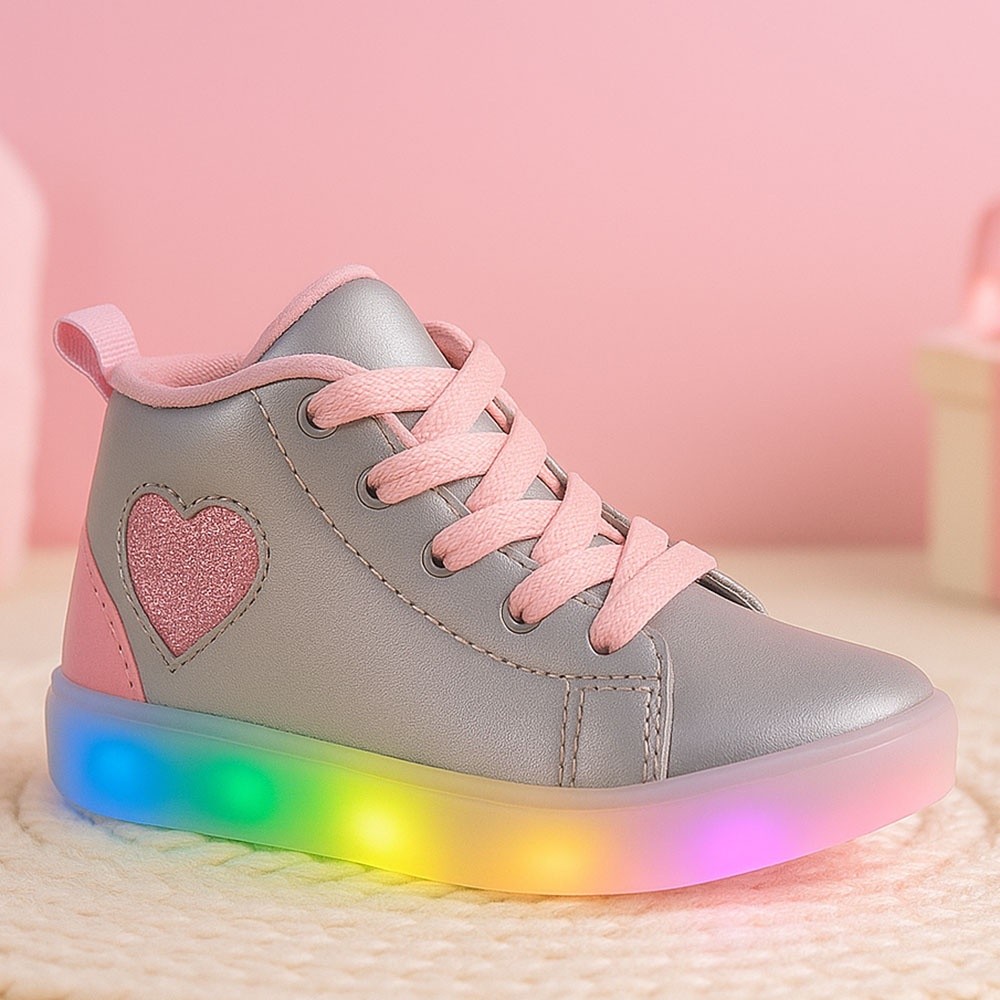 Tenis de Led Infantil Feminino Coração Lançamento Luzinha Pisca Casual Moderno em Oferta na Shopee