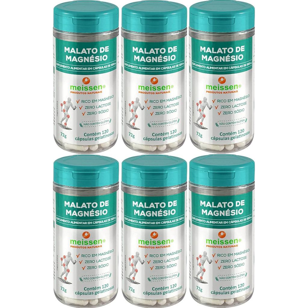 Malato de Magnésio 500 mg Meissen 120 Cápsulas Kit 6 Unidades