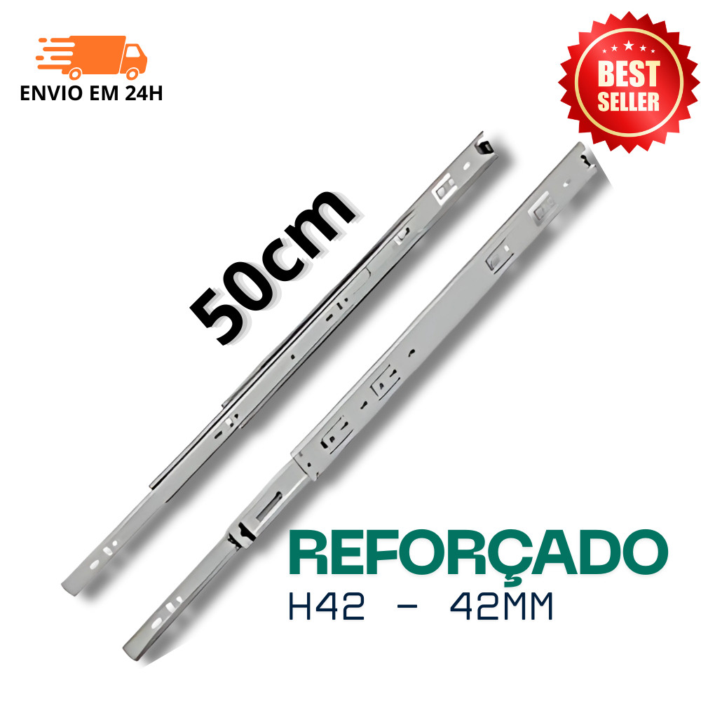 Par Corrediça Trilho Gaveta Reforçada Telescópica 45kg 50cm 500mm H42 - HD FERRAGENS