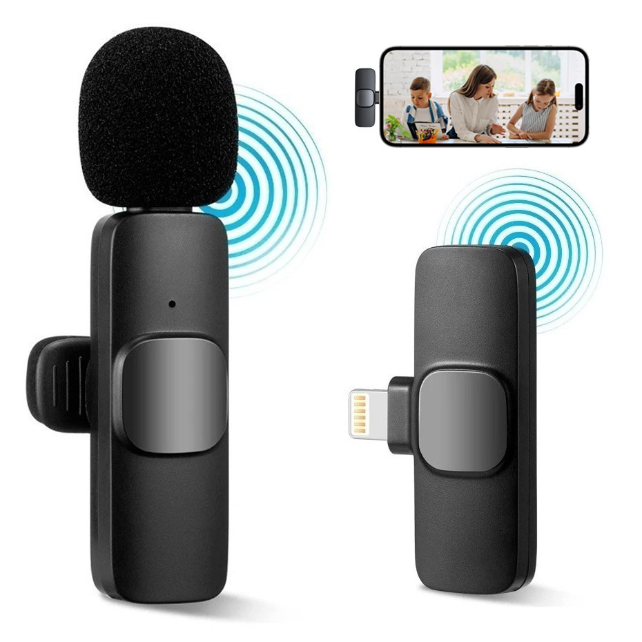 Mini Microfone de Lapela Sem Fio com Cancelamento de Ruído Tipo C Lightning para Celular