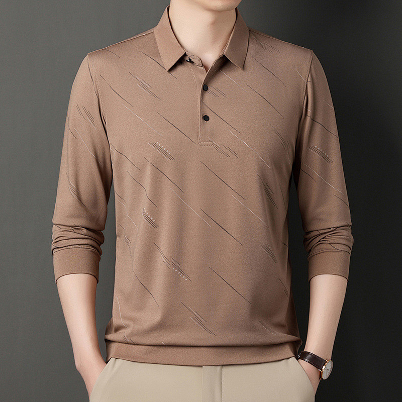 Camisa Polo de manga comprida masculina idosa de meia-idade topo 2023 primavera outono novo estilo listrado impressão ne