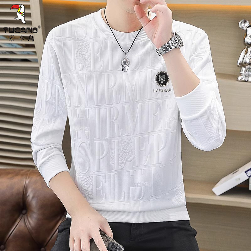 Woodpecker primavera outono camiseta masculina de manga comprida moletom camisa de fundo Jacquard roupas de outono redon