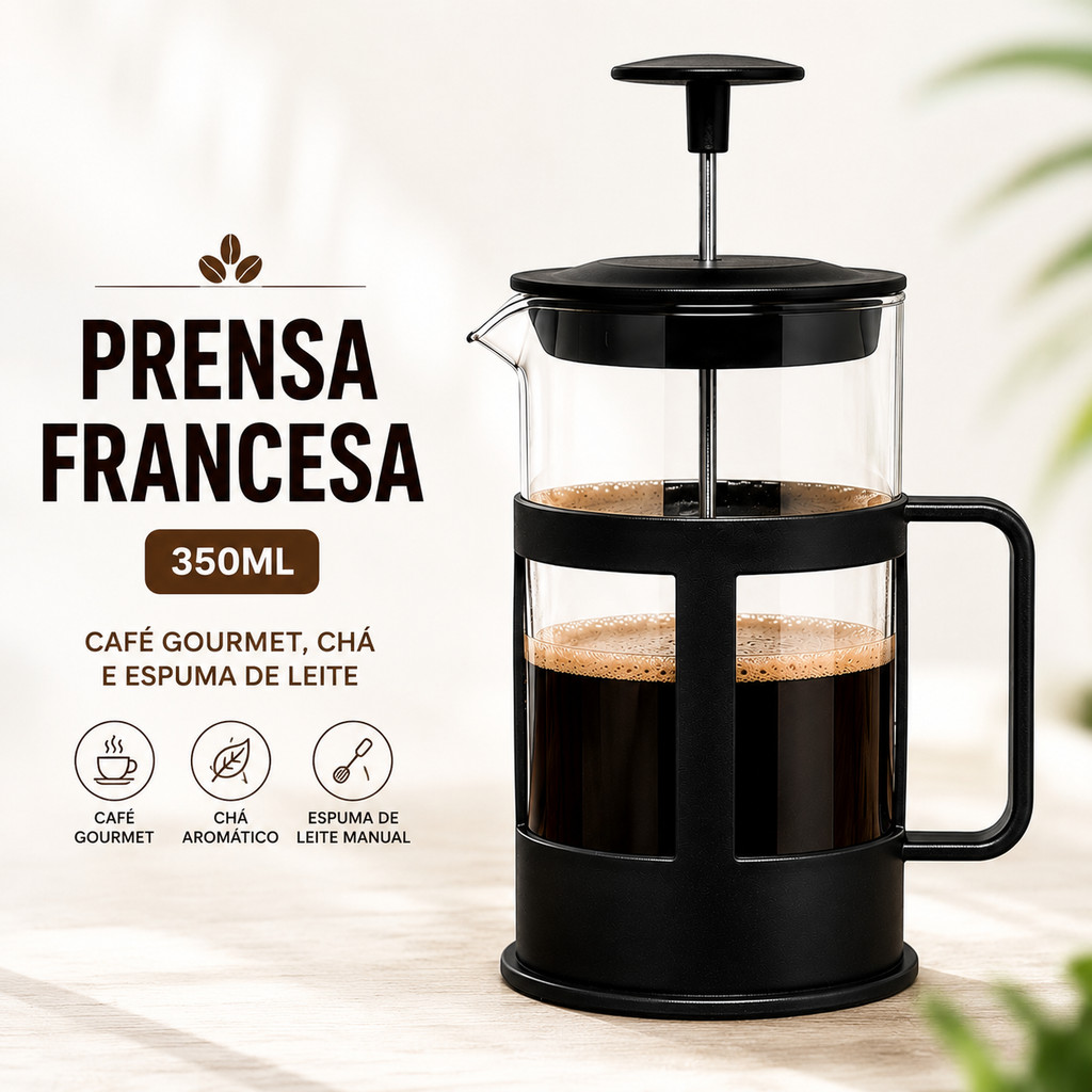 Cafeteira Prensa Francesa 350ml De Vidro French Press Filtro Inox Espumador De Leite Cremeira Manual