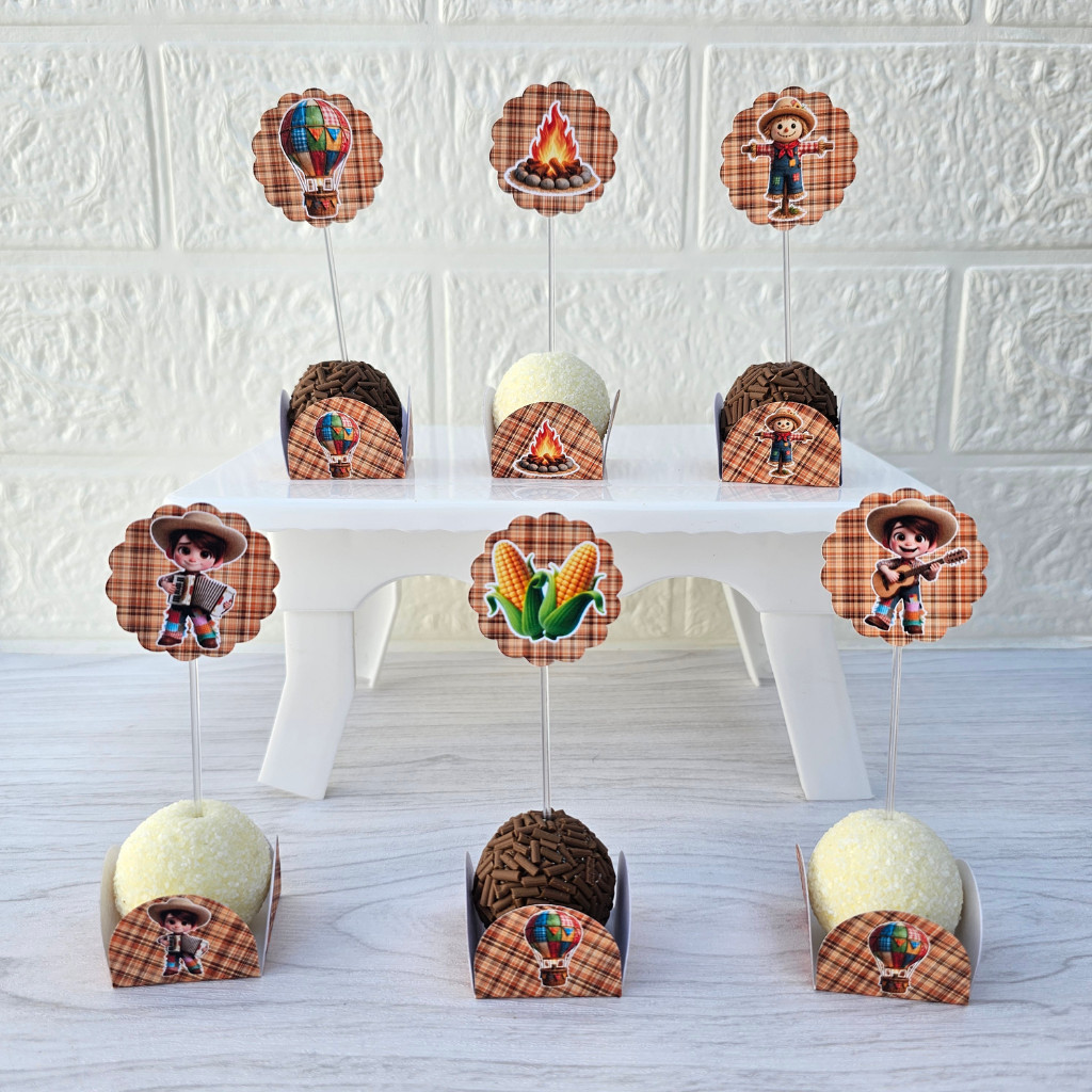 Kit Tags + Forminhas Doces Docinhos Topper Brigadeiro Infantil Festa Junina Arraia Menino - LEIA A DESCRIÇÃO