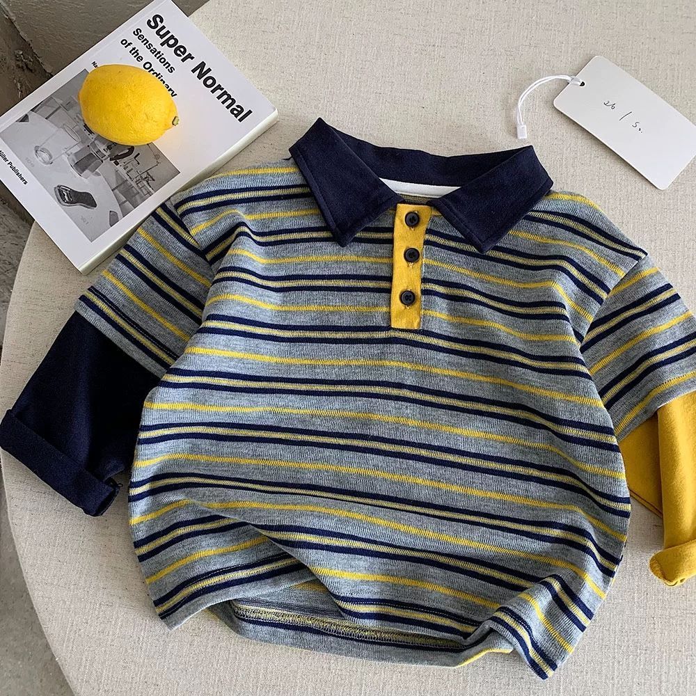 Crianças listrado camiseta de manga comprida primavera outono novo estilo versão coreana estilo Retro bebê menino falso 