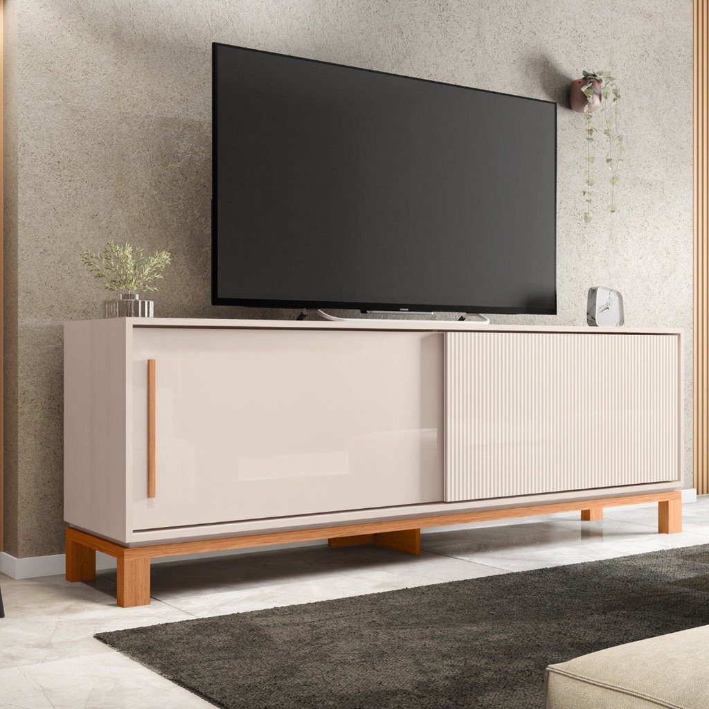 Rack para TV até 65 Polegadas 179,4cm Portas com Textura Microrripada Cavalete Mondrian 1.8 Off White/Freijó