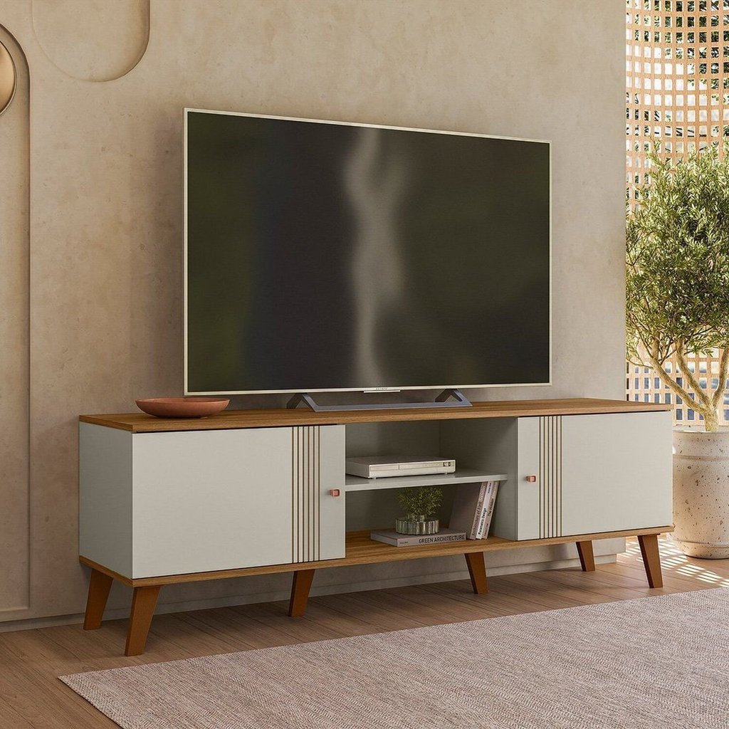 Rack para TV até 65 Polegadas MDF 160cm 2 Portas Denver Branco Off White/Nature