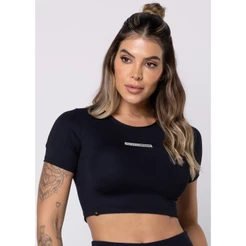 HARDYN Top Cropped Manga Curta Preto em Poliamida Upside Moda Feminina Casual Academia Treino