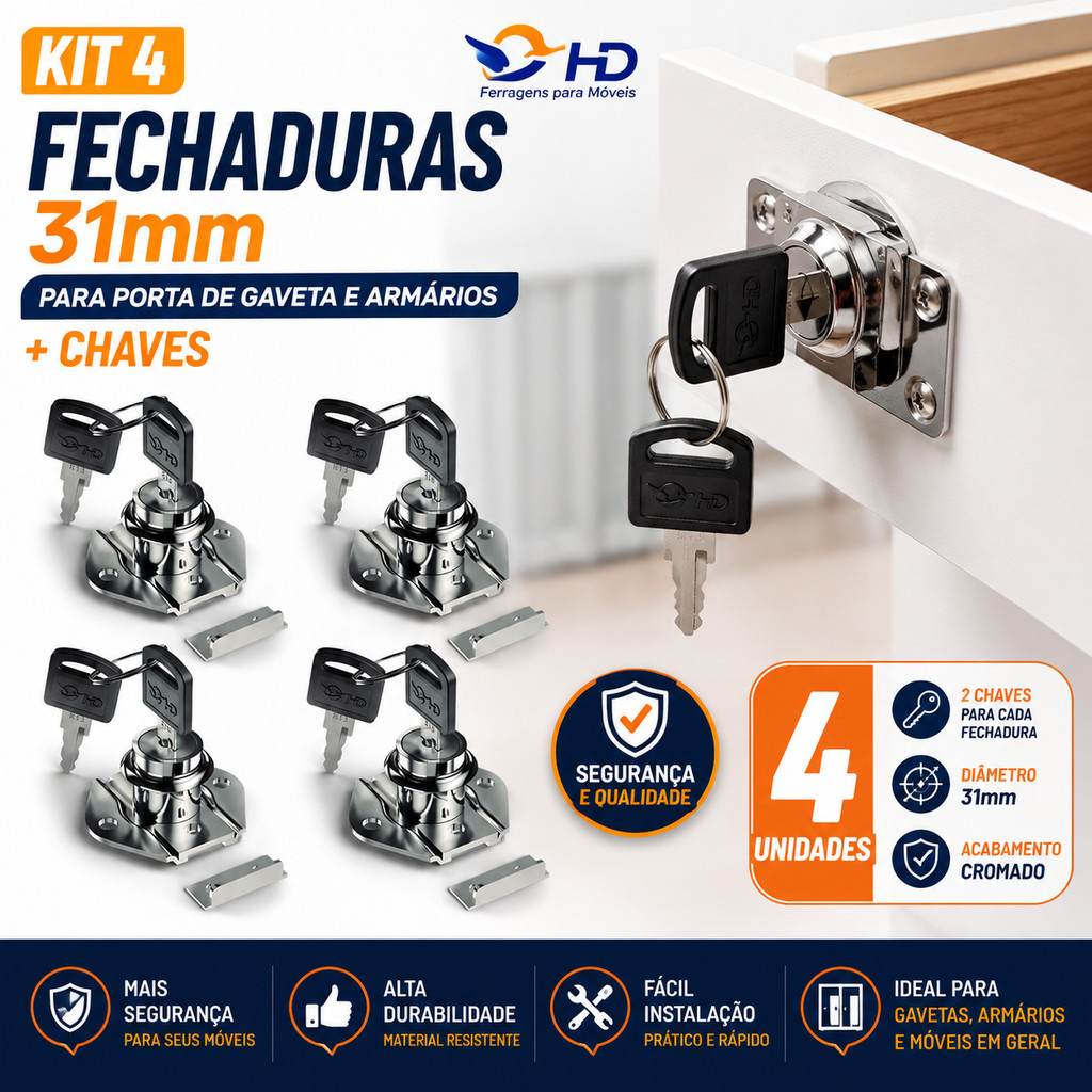 Kit 4 Fechadura 31mm Porta Gaveta Armário Móveis + Chaves