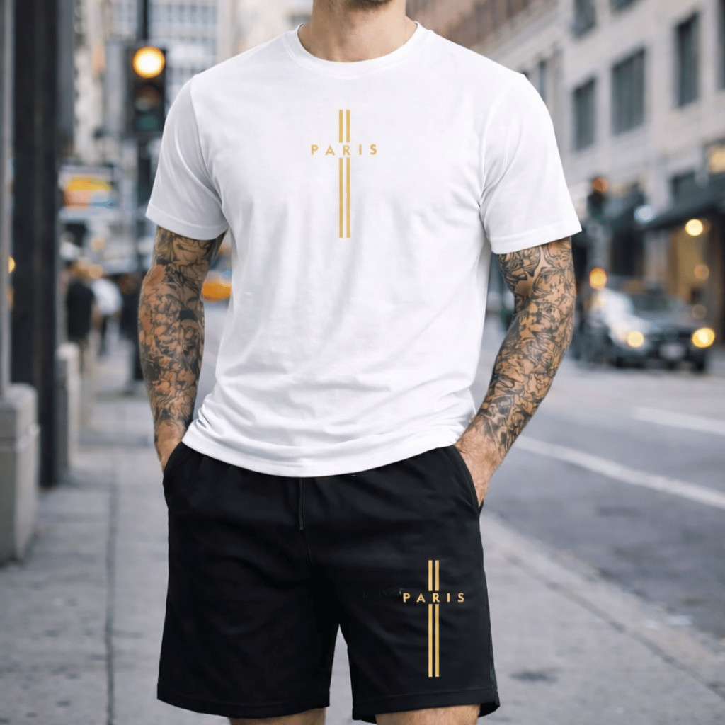 Conjunto Masculino Paris Camiseta 100% Algodão + Short Mauricinho Tactel Lançamento Promoção