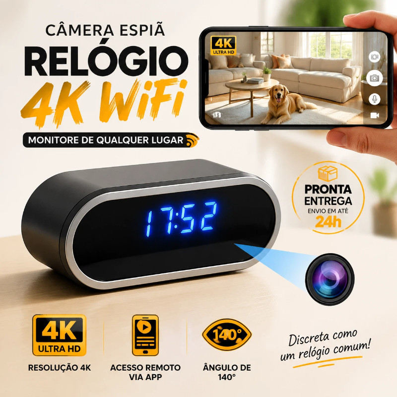 Câmera Espiã Relógio Digital 4K WiFi Segurança Monitoramento Sem Fio App