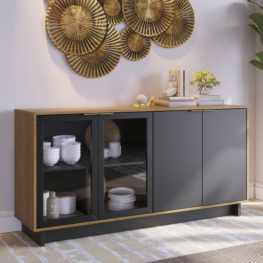 Buffet 4 Portas 160cm Vitória Águas Brasileiras Preto/Noce Milano/Fosco