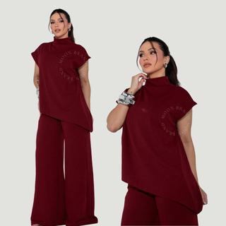 Conjunto Feminino Blusa Assimétrica e Calça Pantalona - Gola Alta Elegante e Moderna