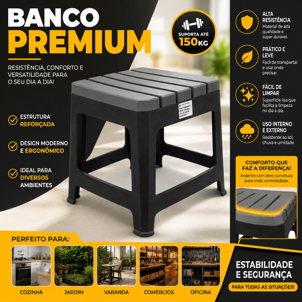 Banqueta Plastica Reforcada Preto Alto Suporta Ate 150kg Banquinho Ideal Para Bar e Churrasco