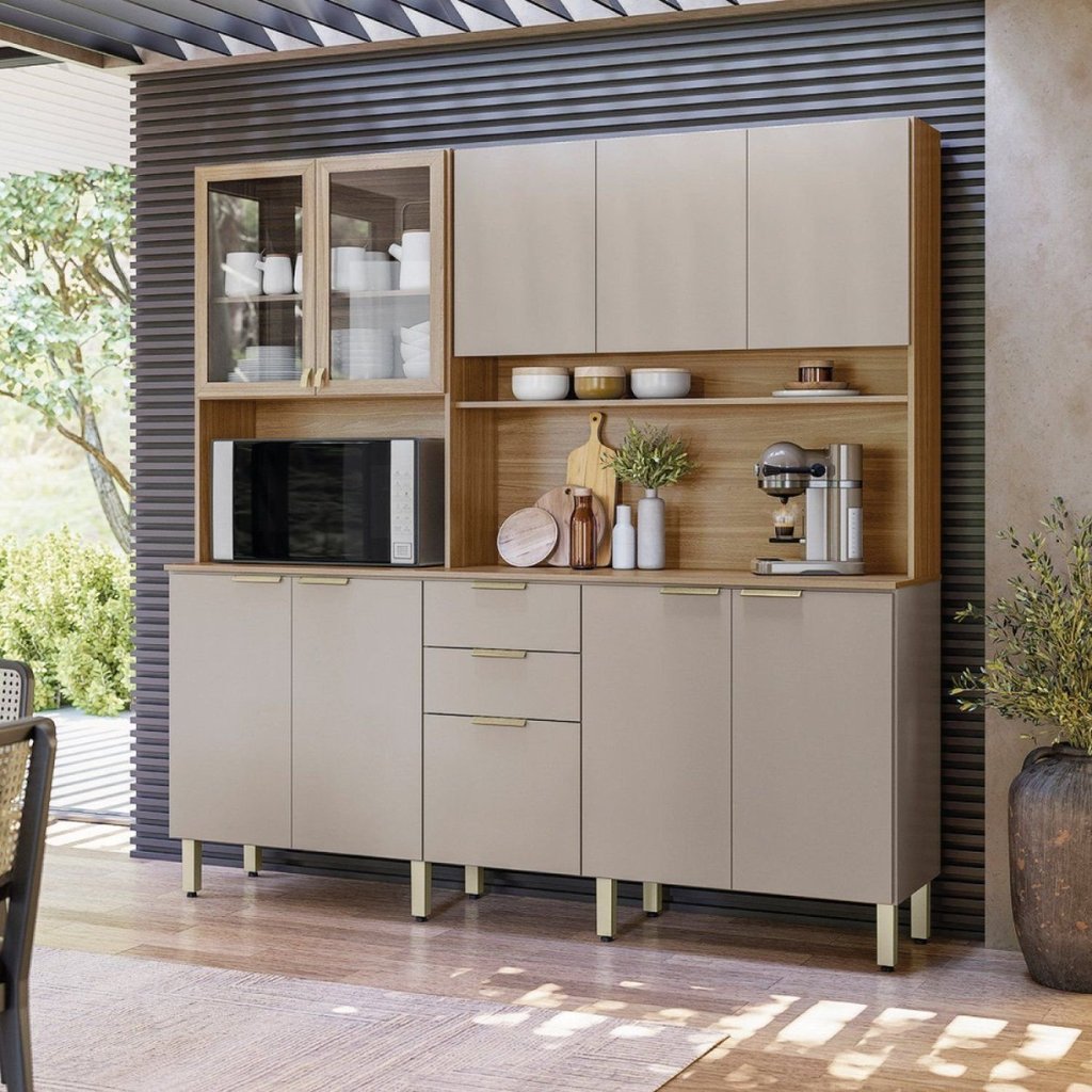 Cozinha Compacta 10 Portas 2 Gavetas Amora Marrom/Amêndola Touch/Nude Prime Amêndola Touch/Nude Prime