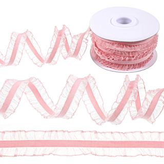 10 Jardas de Renda com Babados Duplos Rosa, Fitas de Renda Rosa, Fita Elástica com Babados, Fita de Renda Plissada de 3/