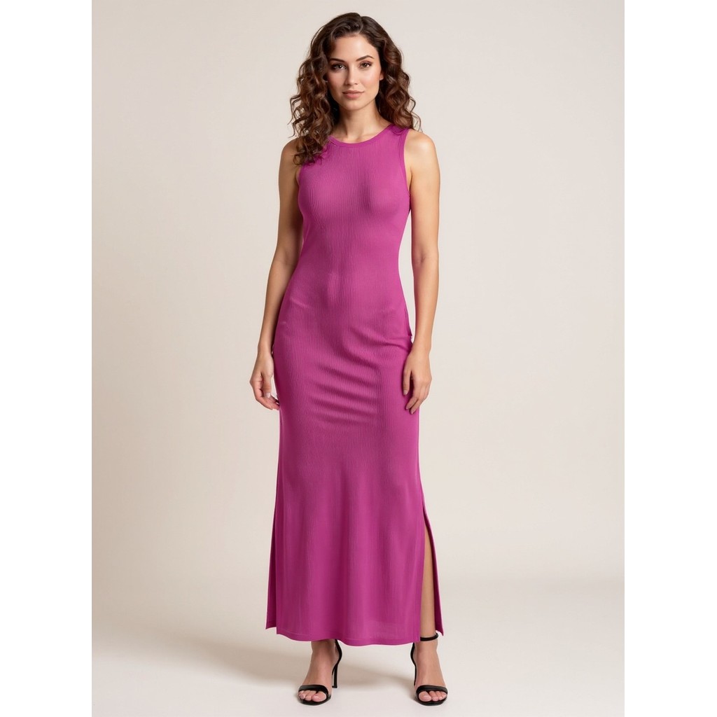 Vestido Longo Feminino Canelado Fenda Lateral Festa Casual Fucsia — Promos_e_achadinhos_Nina
