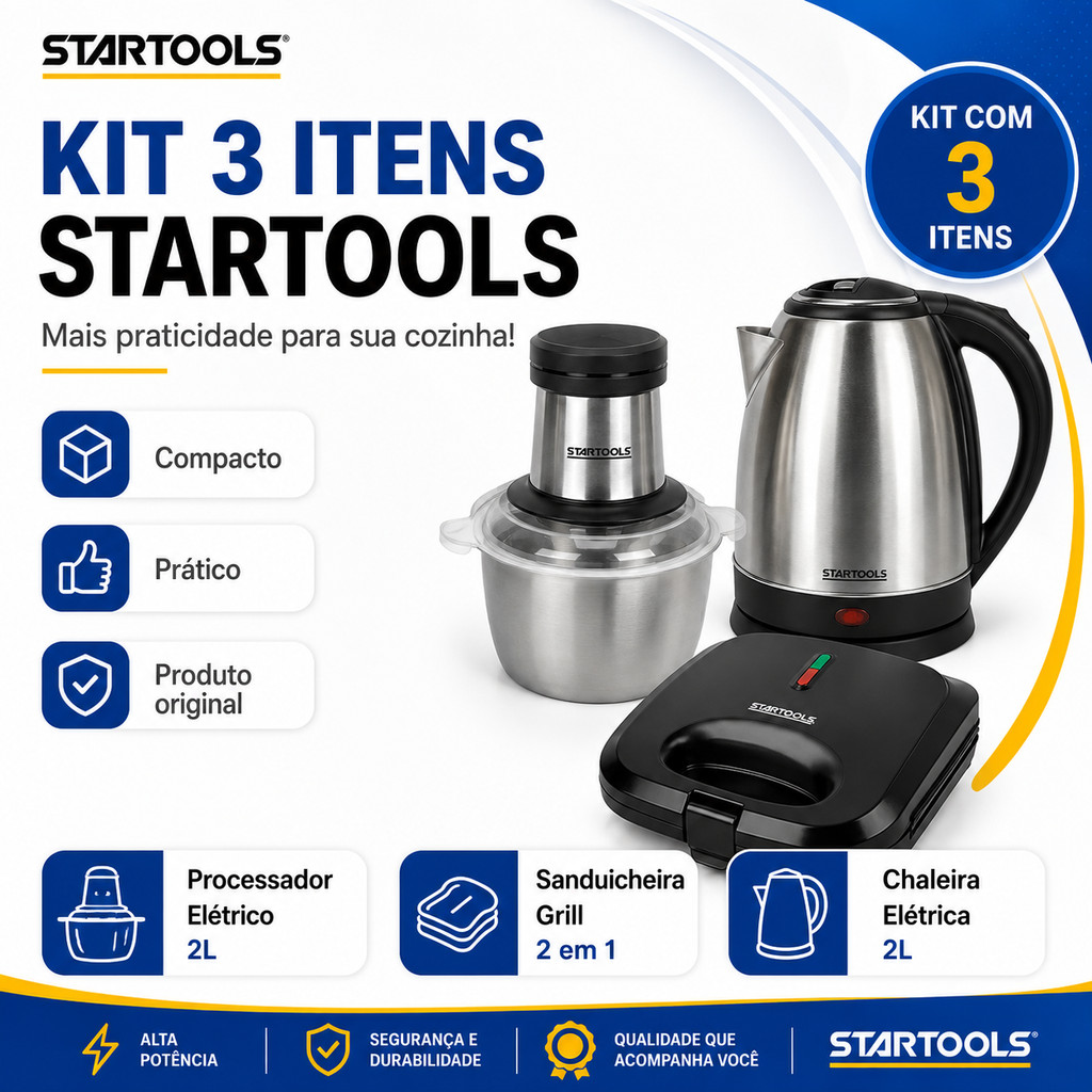 Kit Completo Cozinha Processador Elétrico Chaleira Elétrica Inox 2L Sanduicheira Grill 3 em 1