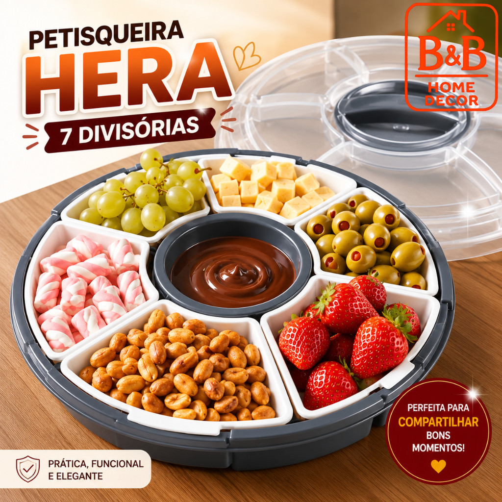 Petisqueira 7 Potes Removíveis com Tampa de Proteção Resistente para Churrasco Fondue Queijos Frutas Secas e Snacks