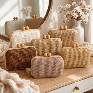 Bolsa Clutch Feminina de Palha Trançada e Madeira Artesanal Luxo de Mão Luxo para Festa Casamento Madrinha Praia