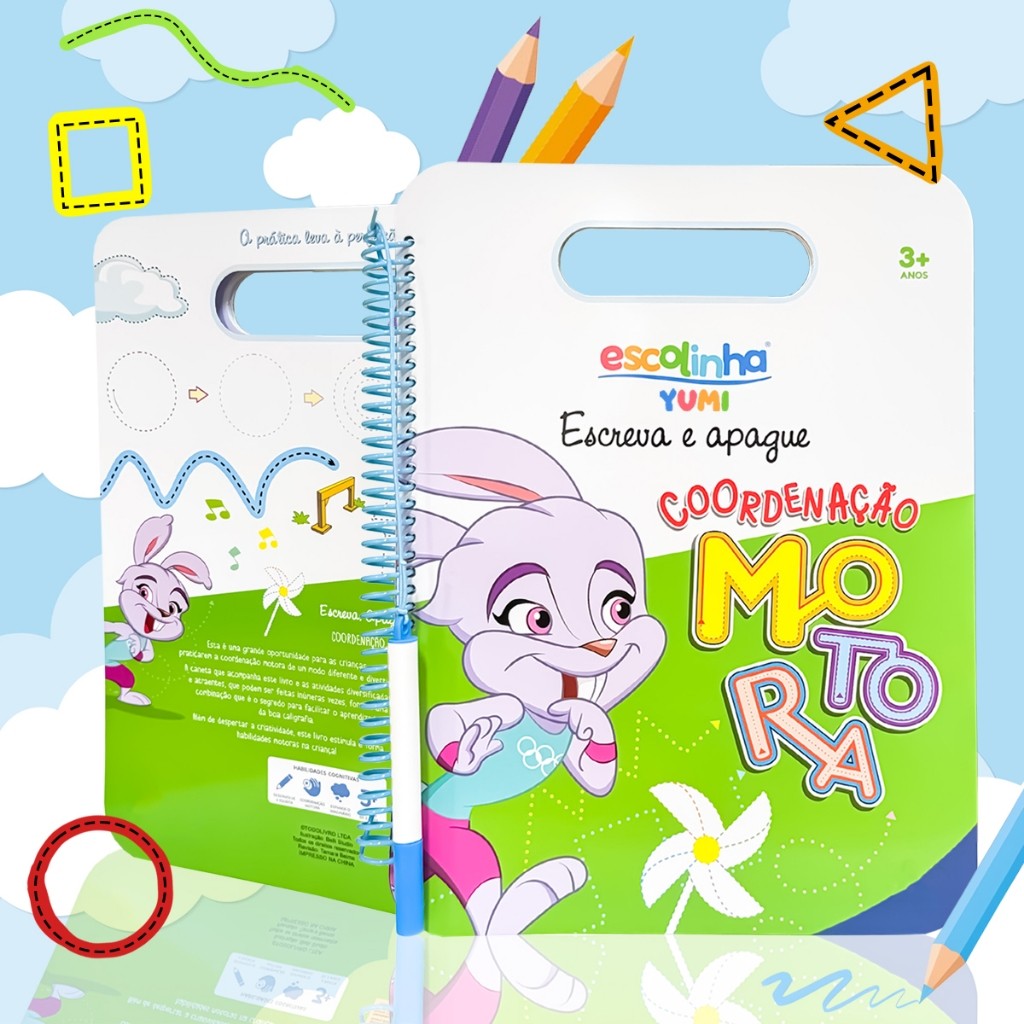Livro Caderno De Caligrafia Infantil + Caneta Apagável Coordenação Motora - Espiral Maletinha + de 70 Atividades