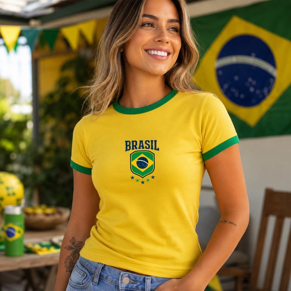 Camiseta Babylook Feminina Brasil Hexa Brasão Copa do Mundo Torcedora Torcida Seleção Brasileira 100% Algodão