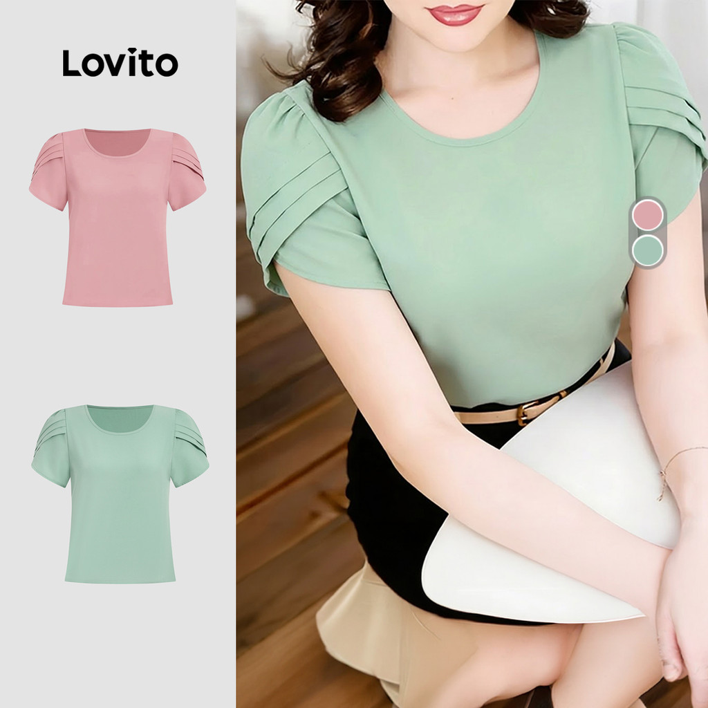 Lovito Blusa Casual Plissada Primavera/verão Verde Blusa para mulheres LK6ED006