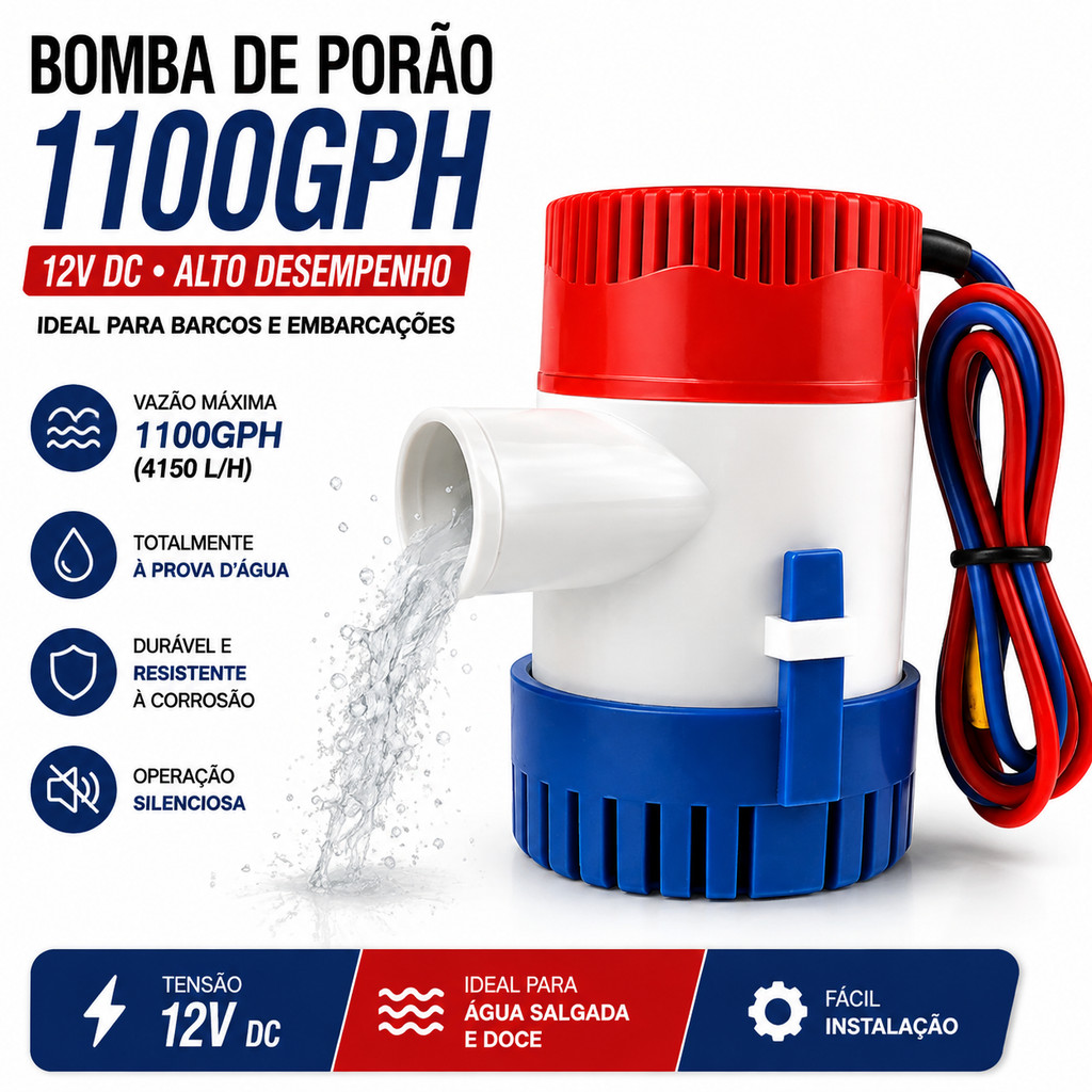 Bomba De Porão 1100GPH 12V Submersa Náutica Automática Drenagem Barco