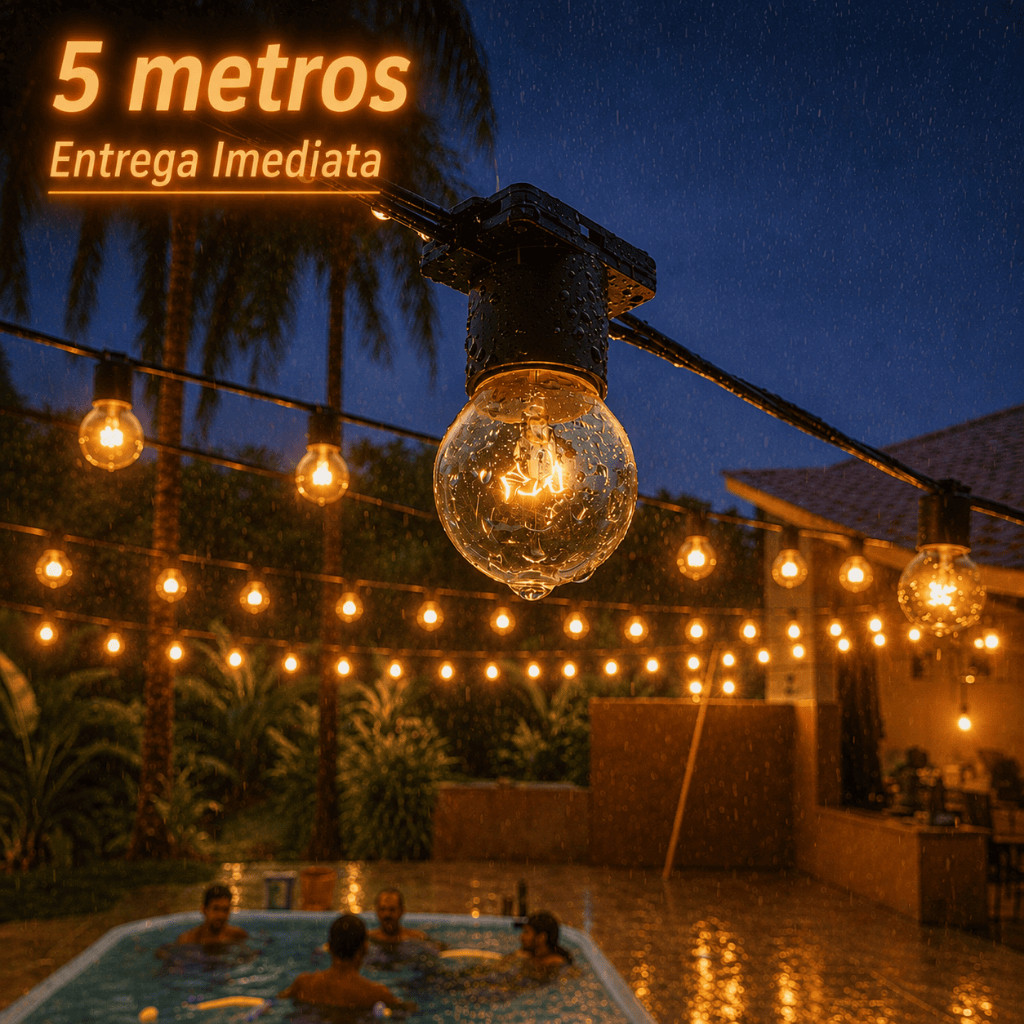 Varal de Luzes para Área Externa e Interna 5 Metros + 5 Lâmpadas Amarelinhas - 110V ou 220V