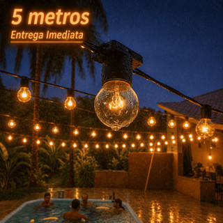 Varal de Luzes para Área Externa e Interna 5 Metros + 5 Lâmpadas Amarelinhas - 110V ou 220V
