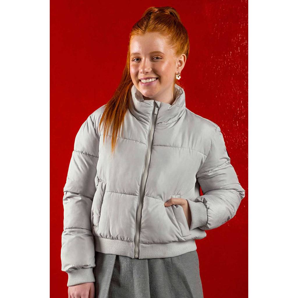 Jaqueta Puffer Juvenil Menina Com Bolsos Beats Cinza