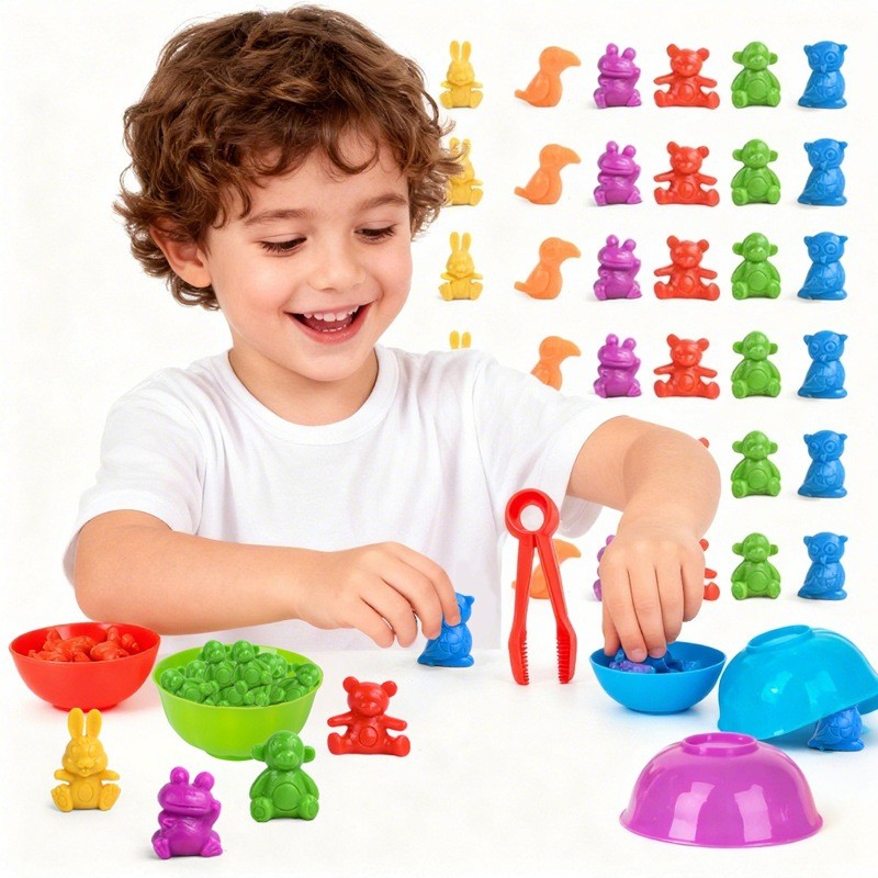 Brinquedo Montessori Animais de Silicone  Pareamento de Cores e Contagem  Atividade Sensorial para Bebês