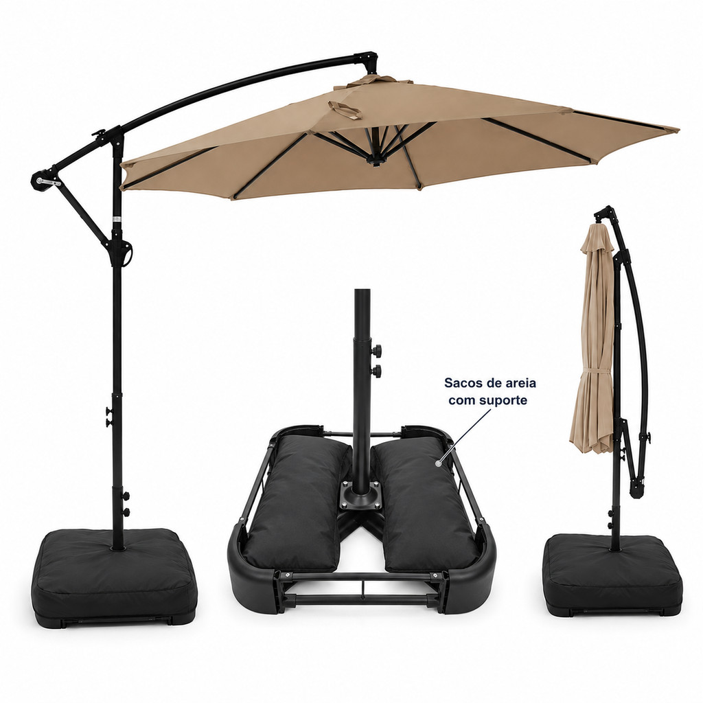 Ombrelone 2,7m Lateral Impermeável UV com Base Inclusa 2 Sacos Areia 30L Guarda-Sol Suspenso Ajustável Jardim Piscina