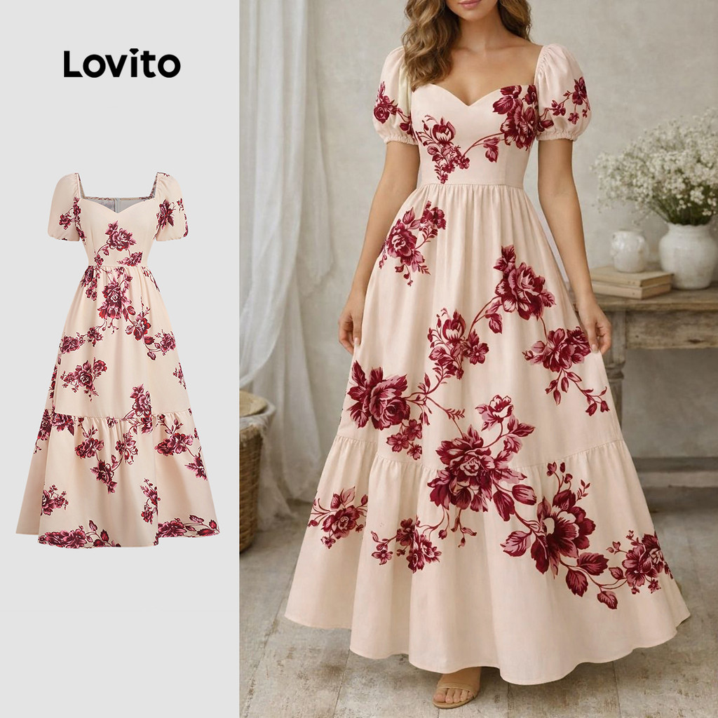 Lovito Padrão de Vestido Elegante Camadas de Vestido de Primavera/verão para Mulheres LBL36145