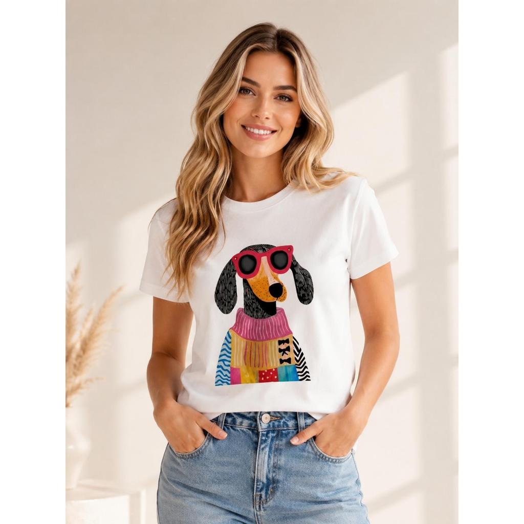Camiseta Feminina Cachorro Fashion Estampa Premium 100% Algodão Casual Confortável Tendência