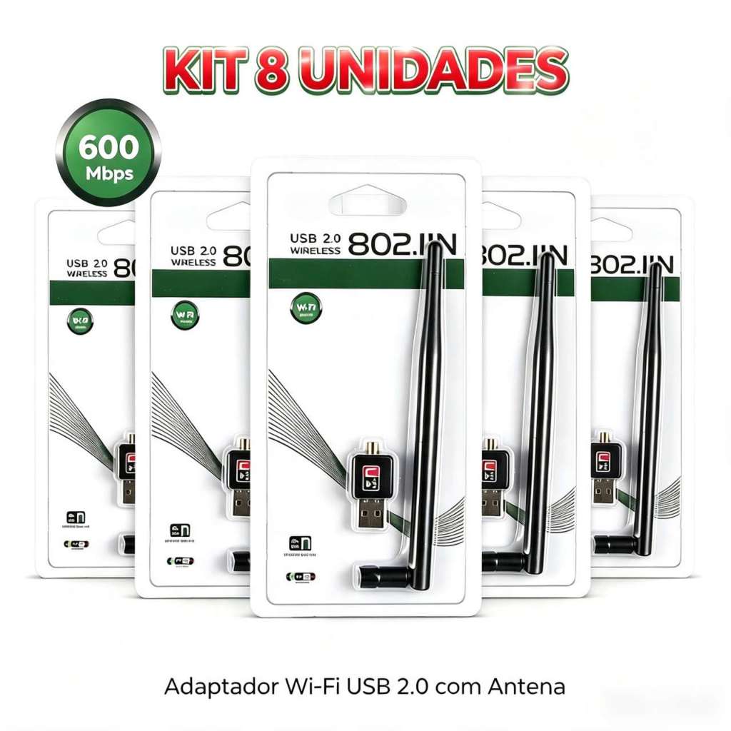 Kit 5/8 Antena Wifi Com Adaptador Usb 802.11n Receptor Desktop 1200mps Conexao Internet