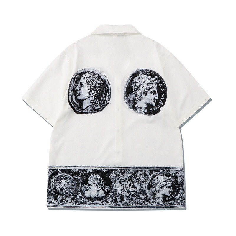 [Novo produto] Retro britânico preto branco Digital impresso camisa capa Casual Shorts soltos praia manga curta capa mas