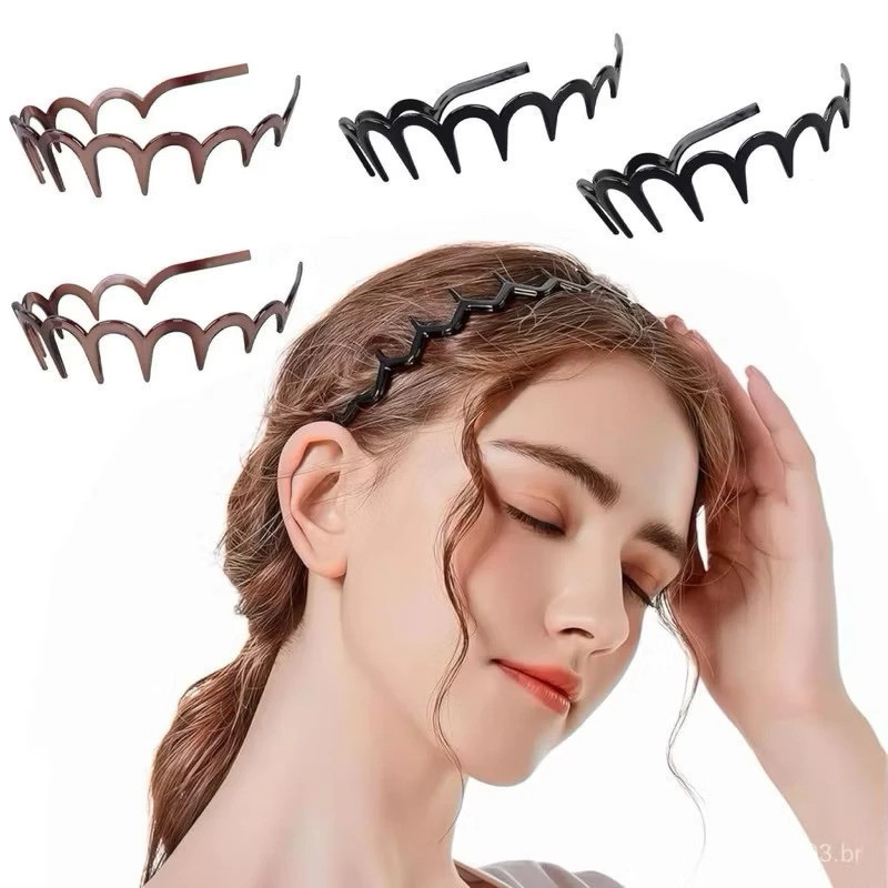 Kit com 3 Tiaras Onduladas Femininas com Pente – Faixas de Cabelo Antideslizantes em Preto e Tartaruga para Uso Diário