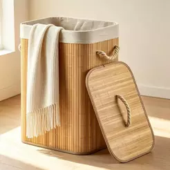 Cesto de Roupa Suja Bambu Retangular 72L Com Tampa Alças Forrado Organizador Banheiro Lavanderia Multiuso