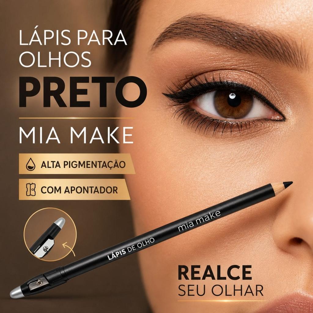 Lápis de Olho Preto Intenso MiaMake com Apontador Integrado - Alta Pigmentação e Textura Macia, 1 unidade