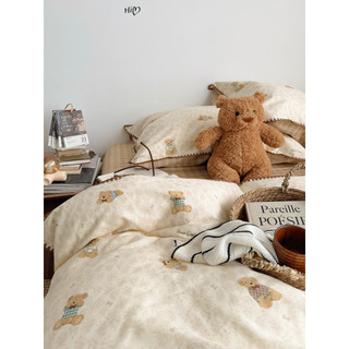 Le Misu 2026 Novo conjunto de quatro peças de urso retrô de desenho animado, roupa de cama de algodão puro Nantong, lenç