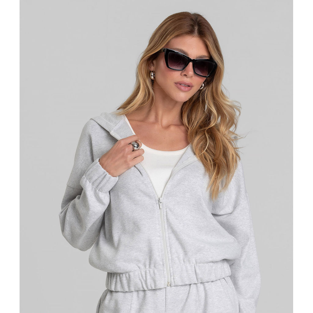 Jaqueta com Capuz Feminino em Suedine Dianna Cinza