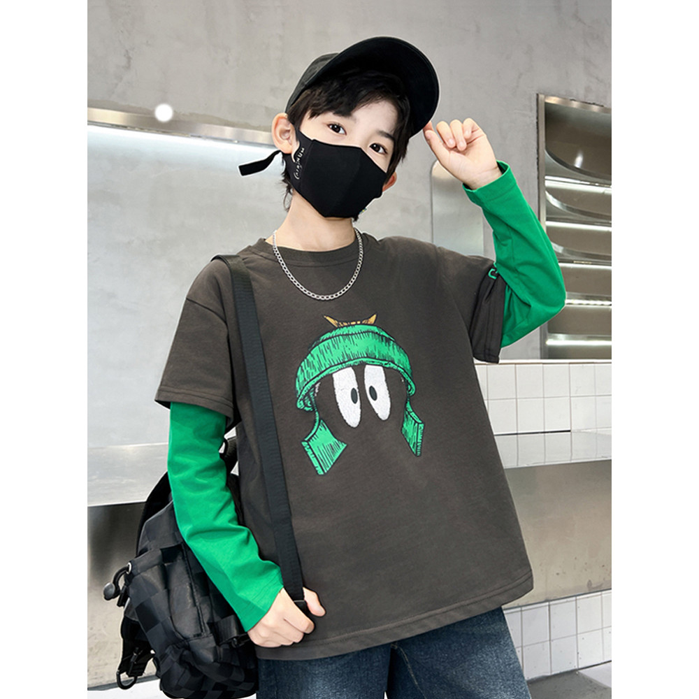Meninos falso de duas peças de manga comprida camiseta 2023 novo estilo moletom primavera outono estilo ocidental médio 