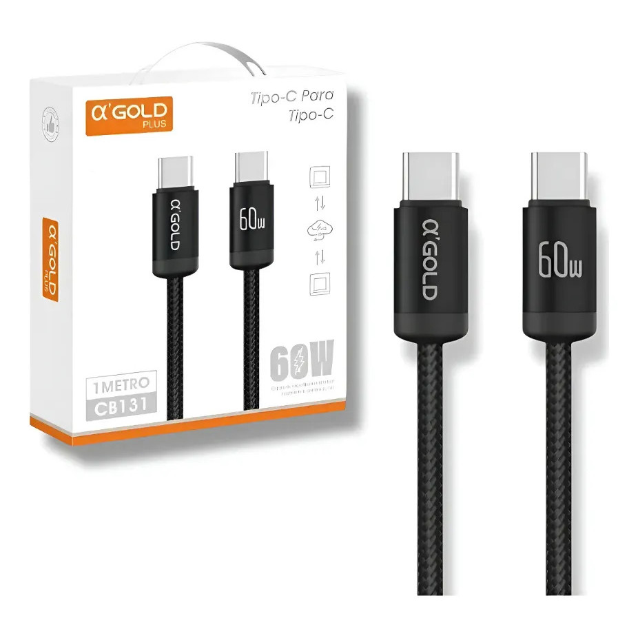 Cabo USB Tipo-C A'Gold Plus CB131 60W Turbo Carregamento Rápido Reforçado Para Celular Smartphone e Tablet
